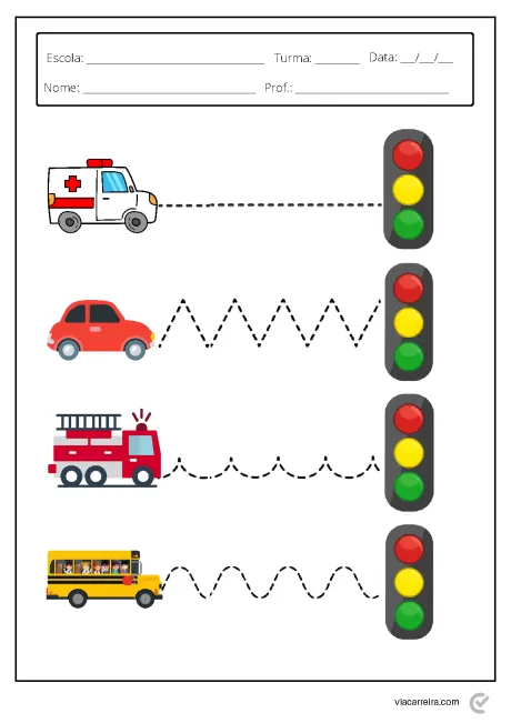 Desenhos de veículos e semáforos para atividades educativas sobre trânsito.