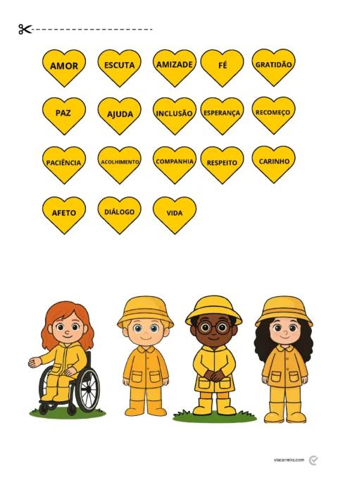 Ilustração de corações com palavras positivas e personagens diversos em roupas amarelas, incluindo uma pessoa em cadeira de rodas.
