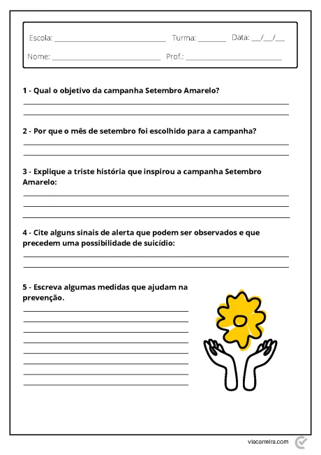Formulário de atividades sobre a campanha Setembro Amarelo com perguntas e ilustrações de uma flor amarela e mãos.