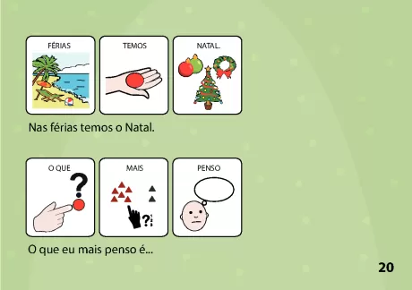 Ilustrações representando férias, Natal e reflexões sobre o que se pensa.