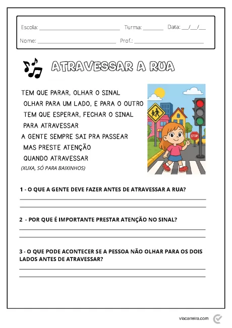 Uma criança atravessando a rua com atenção, com sinal de trânsito ao fundo.