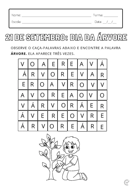 Atividade de caça-palavras com a palavra 'árvore' destacada, ilustrada com uma criança e uma árvore.