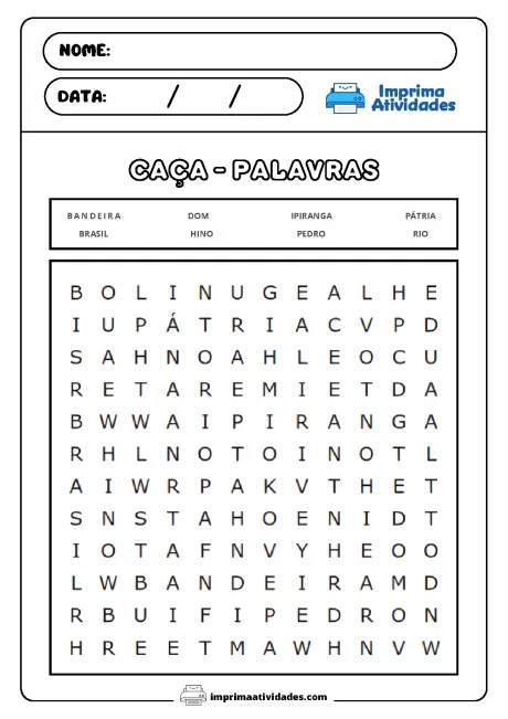 Atividade de caça-palavras com palavras relacionadas ao Brasil.
