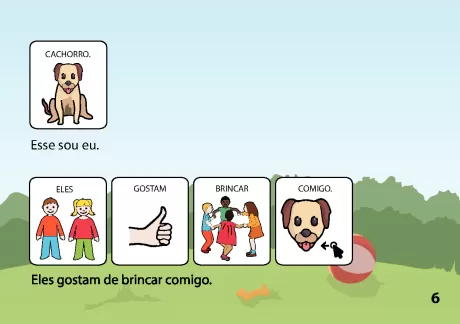Ilustração de um cachorro e crianças brincando com uma bola.