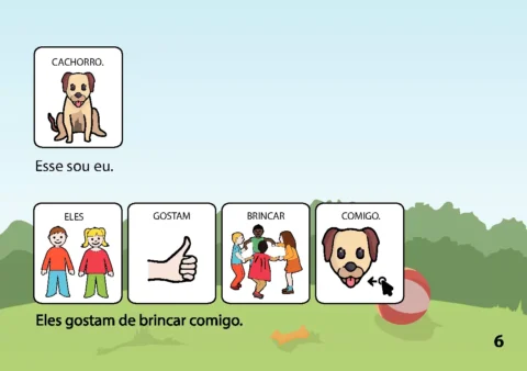 Ilustração de um cachorro e crianças brincando com uma bola.