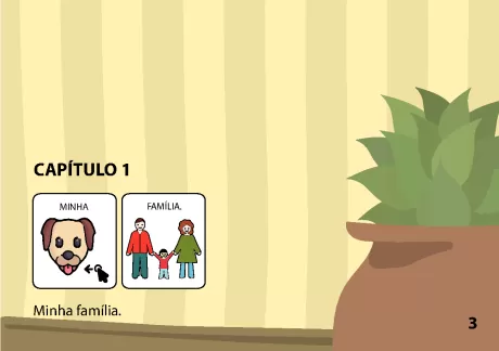 Ilustração de um cachorro e uma família com duas crianças.