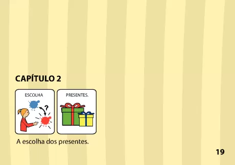 Ilustração de uma criança pensando sobre presentes, com caixas de presente coloridas.