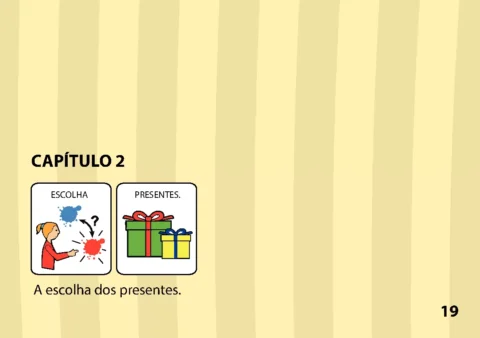 Ilustração de uma criança pensando sobre presentes, com caixas de presente coloridas.
