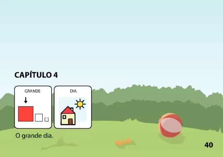 Ilustração de um capítulo com as palavras 'grande' e 'dia', mostrando um quadrado vermelho e uma casa com sol ao fundo.
