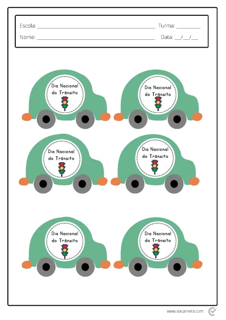 Desenhos de seis carros verdes com adesivos do Dia Nacional do Trânsito