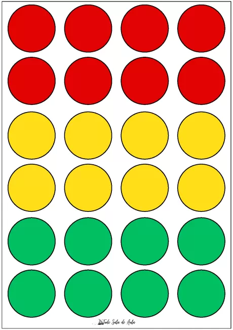 Cartela com círculos coloridos em vermelho, amarelo e verde dispostos em linhas e colunas.