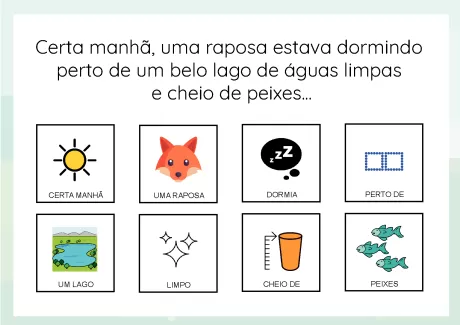 Ilustração de uma raposa dormindo perto de um lago com águas limpas e cheio de peixes.