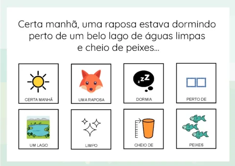 Ilustração de uma raposa dormindo perto de um lago com águas limpas e cheio de peixes.