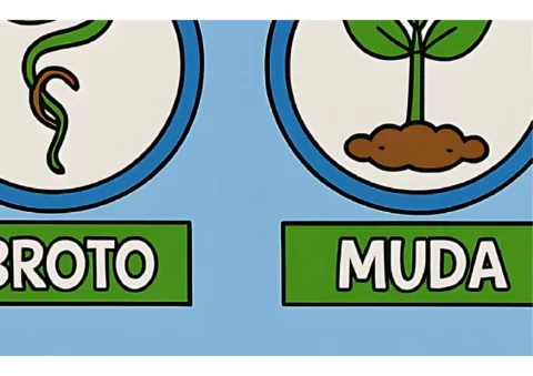 Ilustração mostrando as etapas do ciclo de vida das plantas: broto e muda.