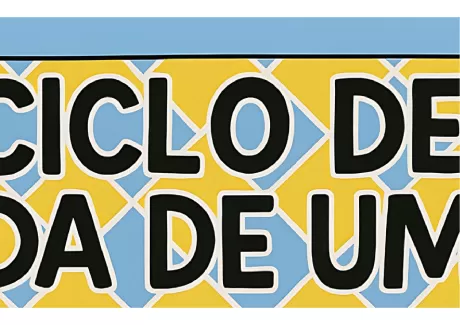 Ilustração do ciclo de vida de uma planta com fundo colorido.