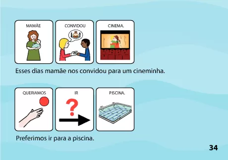 Ilustrações de uma mãe convidando crianças para o cinema e uma piscina.
