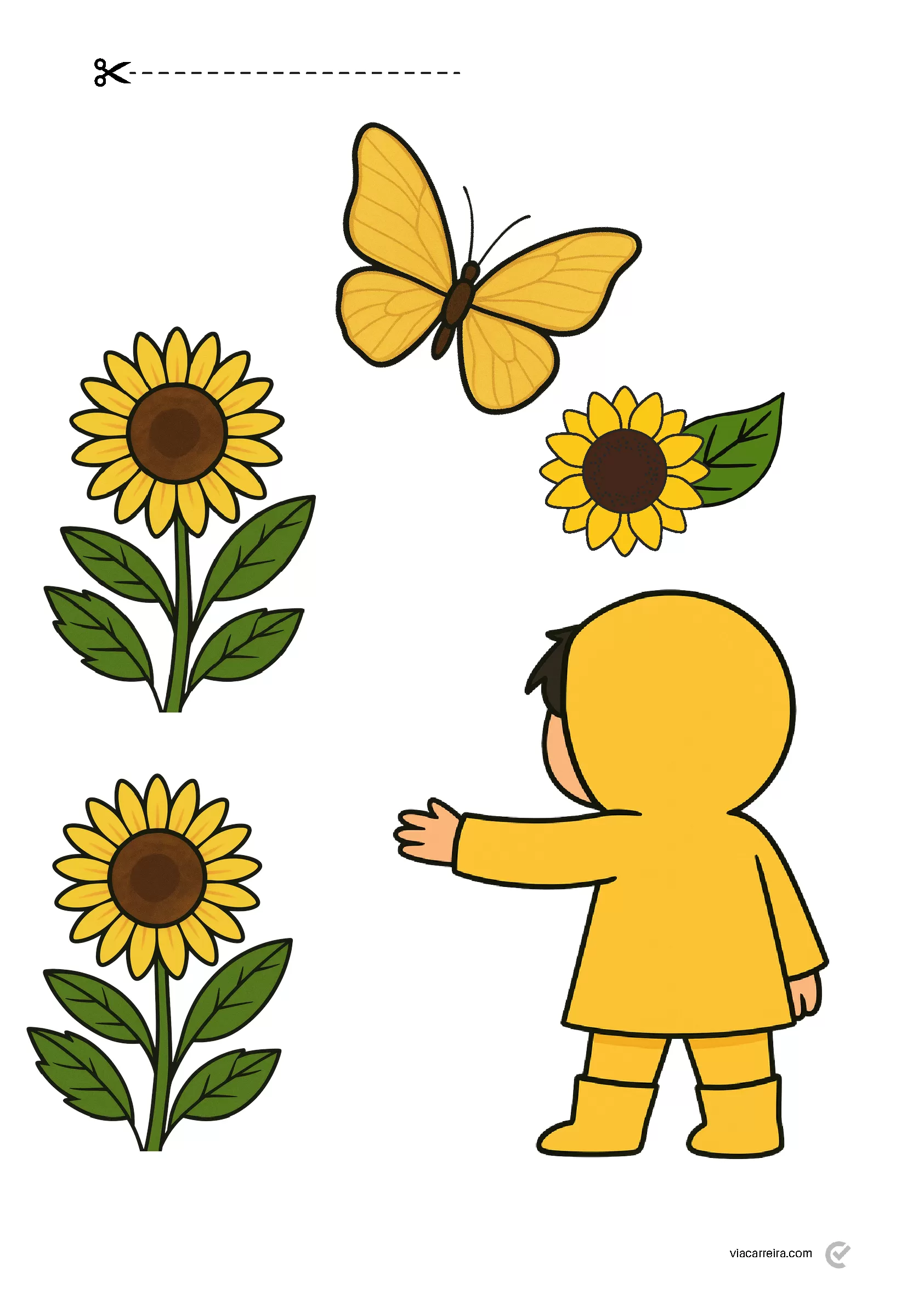 Uma criança observa uma borboleta enquanto está rodeada por girassóis, simbolizando a conexão com a natureza.