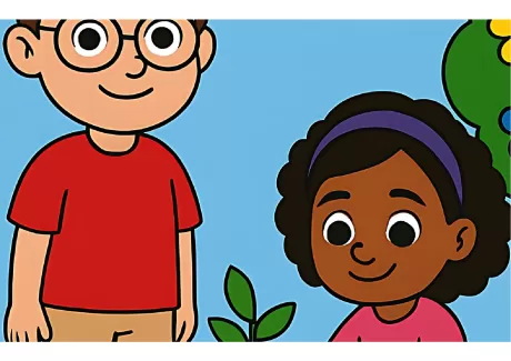 Ilustração de duas crianças, uma com óculos e camiseta vermelha, e outra com cabelo cacheado e faixa roxa, interagindo com uma planta.