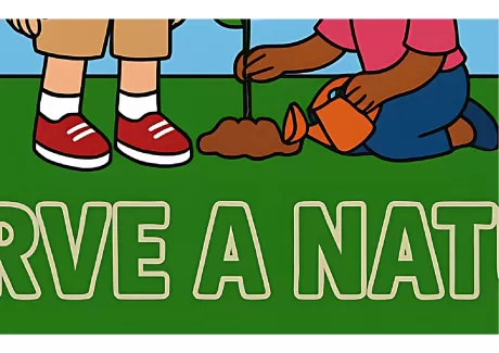 Duas crianças plantando uma árvore, uma regando com um regador laranja.