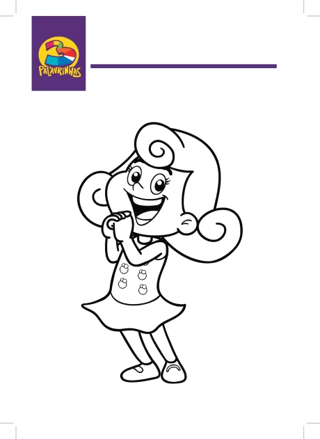 Personagem feminina sorridente com cabelo cacheado, vestindo um vestido e segurando as mãos juntas.