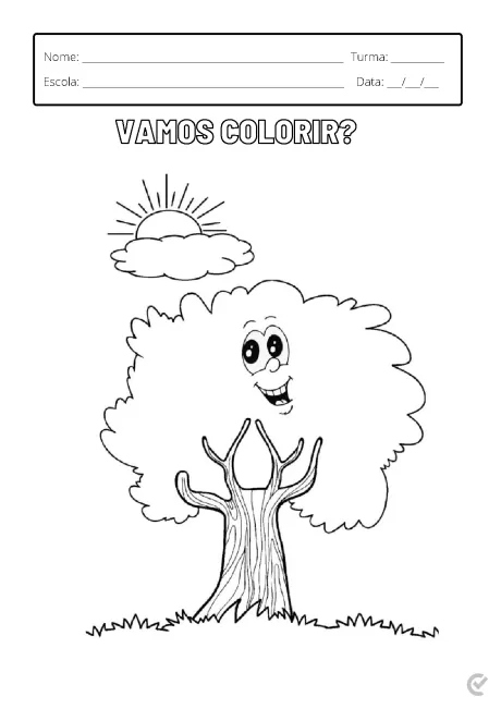Desenho de uma árvore sorridente com um sol ao fundo, destinado a colorir.