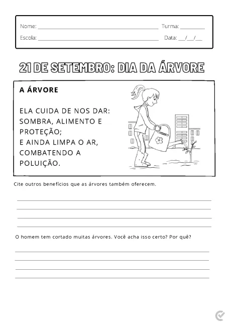 Ilustração de uma criança regando uma árvore com informações sobre o Dia da Árvore.
