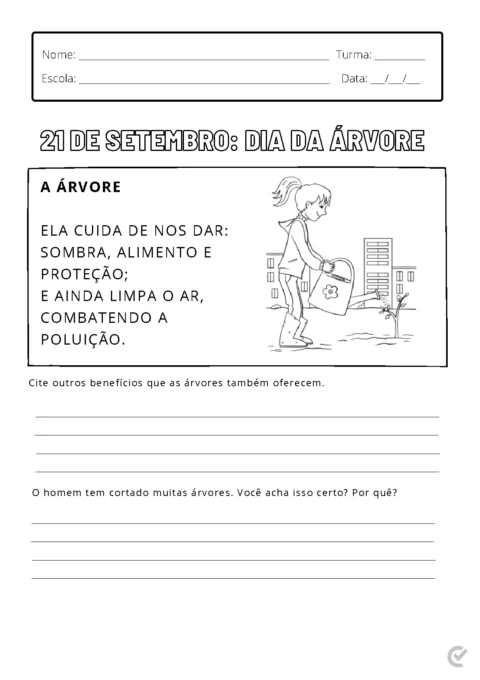 Ilustração de uma criança regando uma árvore com informações sobre o Dia da Árvore.
