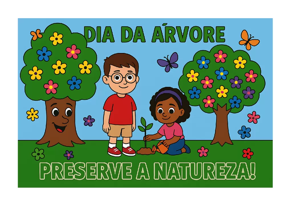 Crianças plantando uma árvore com árvores e flores ao fundo.
