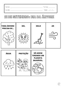 Atividade educacional sobre o Dia da Árvore com ilustrações de elementos naturais como árvore, sol, solo, ar, água e proteção.