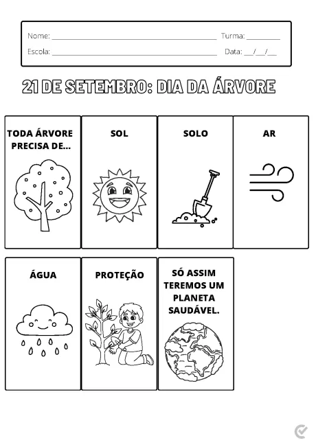 Atividade educacional sobre o Dia da Árvore com ilustrações de elementos naturais como árvore, sol, solo, ar, água e proteção.