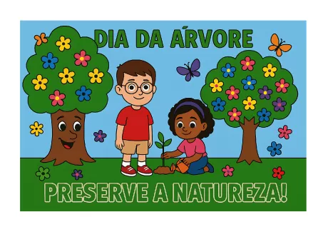 Crianças plantando uma árvore com árvores e flores ao fundo.