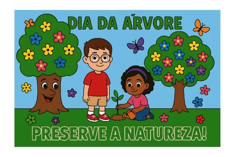 Crianças plantando uma árvore com árvores e flores ao fundo.