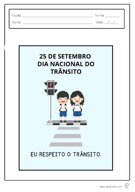 Ilustração de duas crianças em uma faixa de pedestres com semáforo, comemorando o Dia Nacional do Trânsito.
