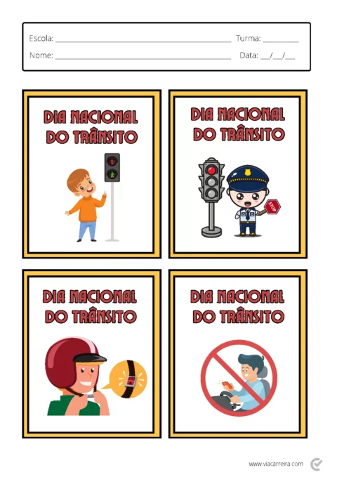 Quatro ilustrações sobre o Dia Nacional do Trânsito, incluindo um menino, semáforo, policial e motociclista.