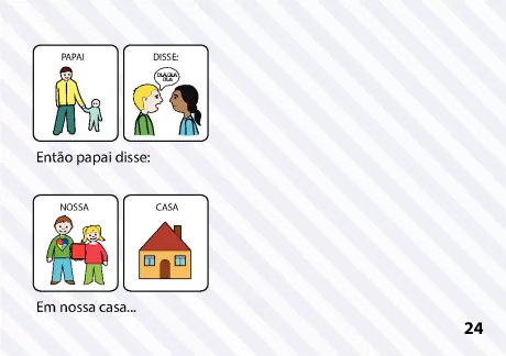 Ilustrações de um pai conversando com duas crianças sobre a casa.