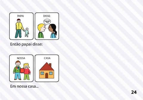 Ilustrações de um pai conversando com duas crianças sobre a casa.