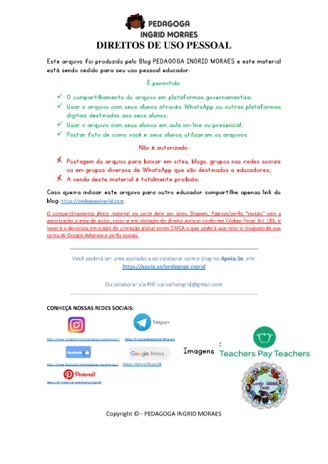 Documento sobre direitos de uso pessoal, elaborado por Pedagoga Ingrid Moraes.
