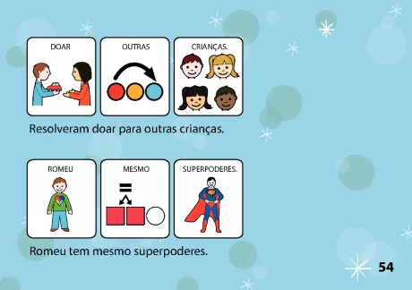 Ilustrações de doação e superpoderes, com crianças e personagens.