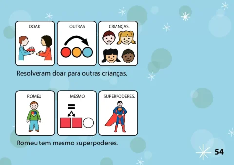 Ilustrações de doação e superpoderes, com crianças e personagens.