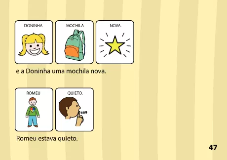 Ilustração de Doninha com mochila nova e a palavra 'quieto' associada a Romeu.