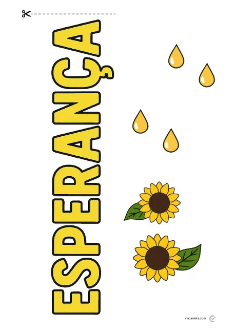 A palavra 'Esperança' em letras grandes, acompanhada de girassóis e gotas de água.