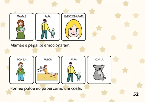 Ilustrações de uma família e uma criança pulando como um coala.