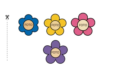 Quatro flores coloridas com a palavra FOTO no centro