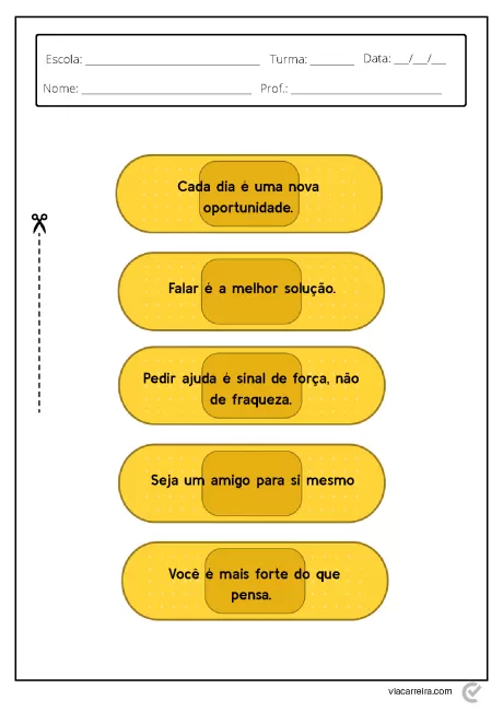 Imagem com frases motivacionais em fundo claro e botões amarelos.