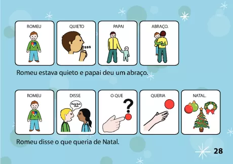 Ilustrações de uma história sobre Romeu e seu pai durante o Natal.