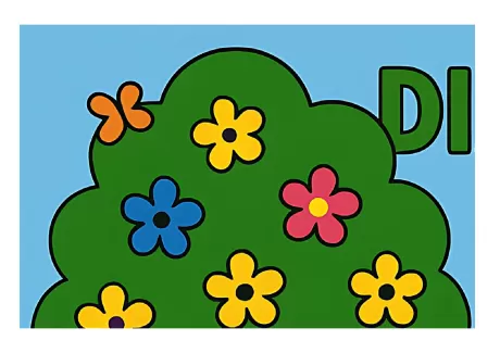 Arbusto verde com flores amarelas, azuis, rosas e laranjas, e a letra 'DI' ao lado.
