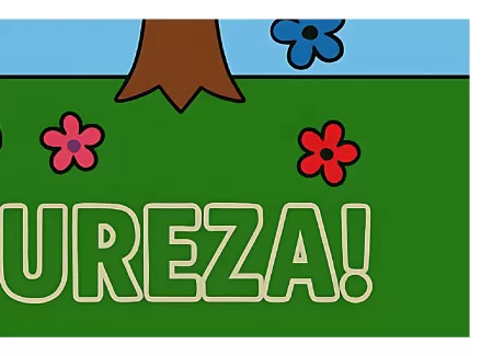 Cenário com árvores e flores coloridas, com a palavra 'PUREZA!' em destaque