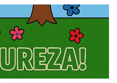 Cenário com árvores e flores coloridas, com a palavra 'PUREZA!' em destaque