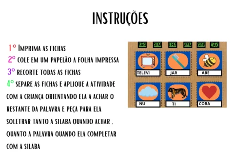Imagem com instruções para uma atividade educacional envolvendo fichas de palavras.