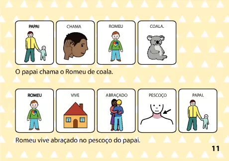 Ilustrações de um pai chamando seu filho Romeu de coala e Romeu vivendo abraçado no pescoço do pai.